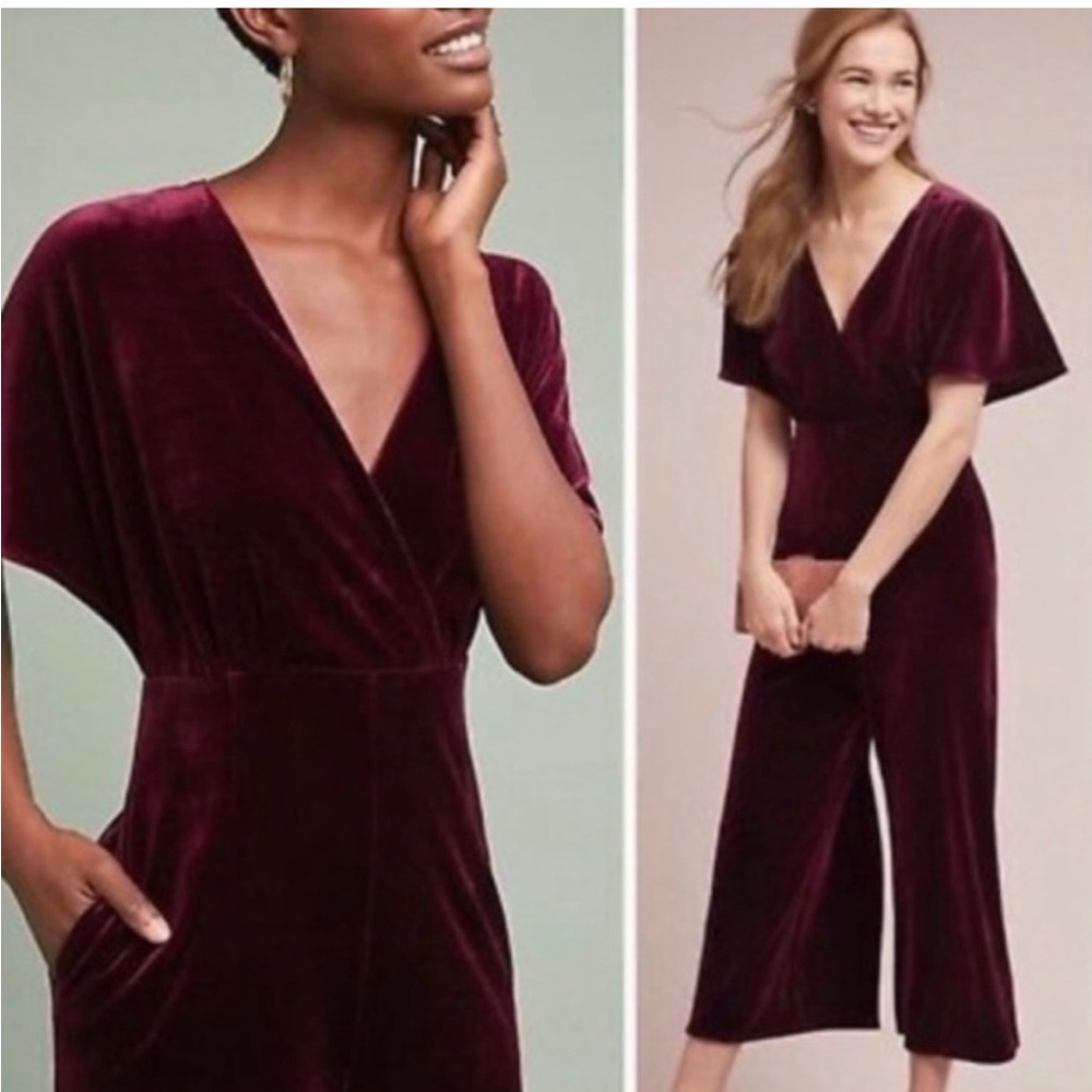 Anthropologie (brand Greylin) Burgundy Velvet cropped Jumpsuit w Flutter Sleeves
